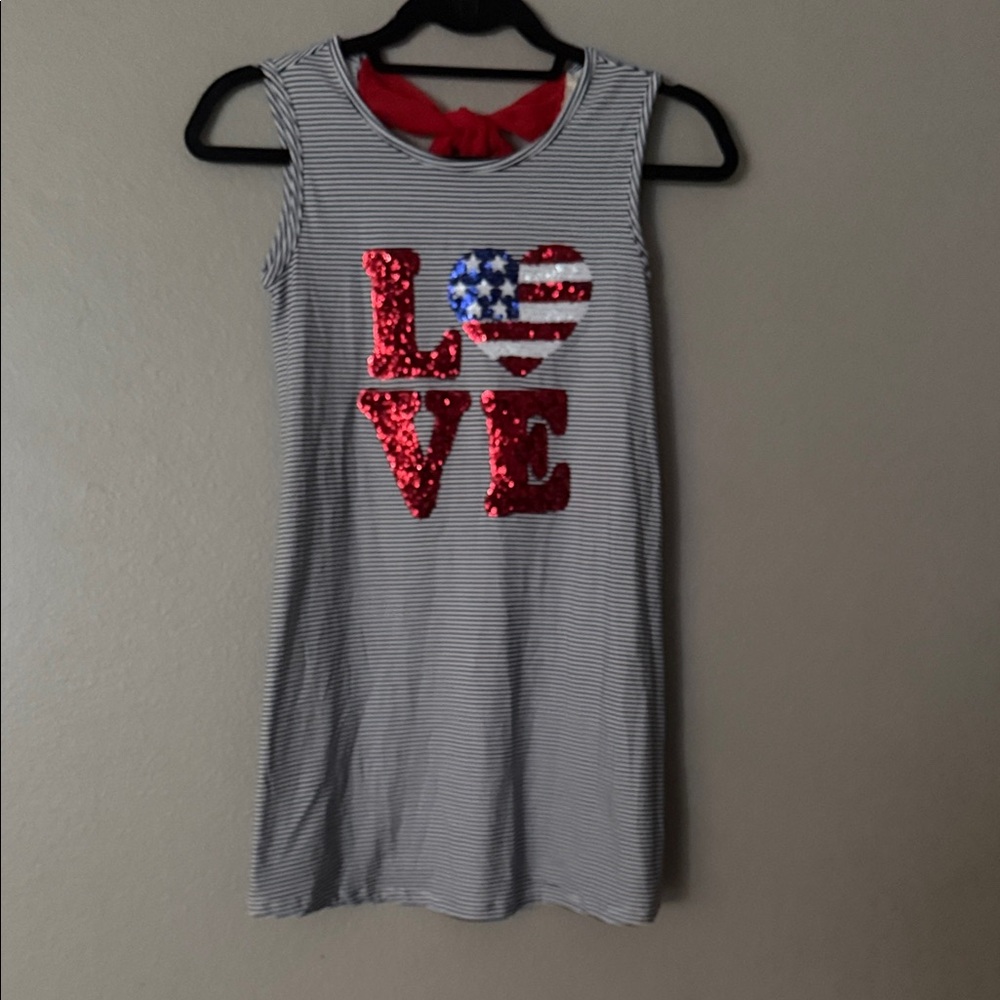 btween Navy & White Striped Tank Dress with Red Sequin LOVE and Flag Heart